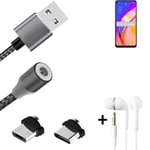 Data charging cable for + headphones Oppo A94 5G + USB type C a. Micro-USB adapt