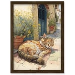 Cat Sunbathing in Mediterranean Village Street Watercolour Illustration Artwork Framed Wall Art Print A4