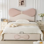 Stoppad säng med låda 140x200 cm - med böjd huvudgavel - metallram sommier à lattes - sängstomme med förvaringsutrymme - sammet - beige + rosa (madras
