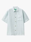 Benetton Kids' Linen Blend Check Short Sleeve Shirt, Starlight Blue/Multi