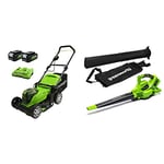 Greenworks 2x24V 41cm Battery-Powered Lawnmower G24X2LM412x with 2x4Ah Batteries and Dual Slot Charger & 2X24V Cordless Leaf Vacuum and Leaf Blower 2-in-1 GD24X2BV Tool Only