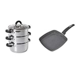 Tower T80836, 3 Tier Steamer, 18cm-Stainless Steel, Silver & T80336 Cerastone Induction Grill Pan, Non Stick Ceramic Coating, Easy to Clean, Dishwasher Safe, Graphite, 25 cm