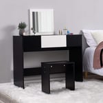 Modern Dressing Table Set with Flip-up Mirror Wood Makeup Table Vanity Console Dresser with Stool Bedroom Furniture Girls Gift (White and Black)