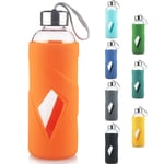 Reeho 1000 ml / 1 Litre Sports Borosilicate Glass Water Bottle BPA-Free with Anti-slip Silicone Sleeve and Leak Proof Stainless Steel Lid (Orange)