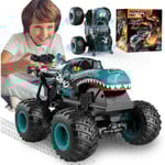 Monster Truck-leksaker, 2,4 GHz RC Monster Trucks för pojkar, 1:20 Dinosaur RC-bilar med ljus och musik, fjärrstyrd lastbil med stunt, 360° snurrning, för barn Blue