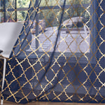 Kotile Navy Net Curtains 66 x 54 Inch Drop - Semi Transparent Soft Voile Curtains Eyelet Printed Metallic Gold Foil Geometric Moroccan Tile Window Treatment Panels for Bedroom, W168 x L137 cm, 1 Pair