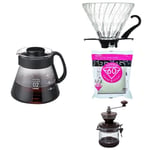 Hario V60 Coffee 02 Glass Server, Canister Coffee Grinder and V60 Glass Dripper 02 Black with V60 White Paper Filters