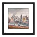 Chappel New York Fighting A Fire 1870 Painting 8X8 Inch Square Wooden Framed Wall Art Print Picture with Mount