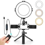 Andoer LED Ring Light 6" with Desktop Tripod and 2pcs Phone Holders, Dimmable Table Desk Top Ring Light Kit, Adjustable Angle, 3 Lighting Modes and 10 Brightness for Makeup Selfie Youtube Vlogging