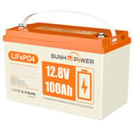 SUNHOOPOWER SHP12-100 Batterie 12V 100Ah LiFePO4, énergie 1280Wh, BMS 100A intégré, puissance de charge maximale de 1280 W, puissance de charge maximale de 1280W. Charge/décharge 100A, étanche IP68