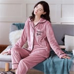Clothingloves Pink 2 Pcs Thicken Women Warm Flannel Pajamas Set Sleepwear