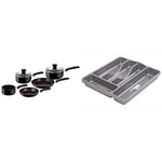 Tefal B470S544 Delight 5 Piece Non Stick Pan Set (14 cm Milk, 16/18 cm Saucepans with Lids, 20/24 cm Frypan) & Wham Silver 5 Compartment Plastic Cutlery Holder Tray Drawer Organiser Rack