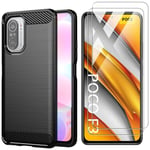 AOYIY Case Compatible with Xiaomi Poco F3 5G, Soft Carbon Fiber Shockproof TPU Phone Case + [2 PACK] HD Tempered Glass Screen Protector For Xiaomi Poco F3 5G (Black)