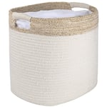 LA JOLIE MUSE Large Cotton Rope Woven Storage Basket, Organizer Bin for Nursery Toys Laundry Hamper Blanket Container with Handle, White and Beige