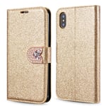 ZCDAYE Case for iPhone XR,Luxury Bling Glitter [Magnetic Closure] PU Leather Flip Wallet [Love Diamond Buckle] Folio Soft TPU with [Card Slots] Stand Function Cover for iPhone XR - Gold