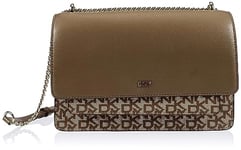 DKNY Women Bryant Large Flap Crossbody Bag with an Adjustable Chain Strap in Coated Logo, Chino/Truffle
