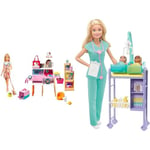 Barbie Mobilier Coffret poupée et Son animalerie, 4 Figurines Animaux et Accessoires Inclus & Métiers Coffret poupée Pédiatre Blonde avec Cabinet médical, Deux bébés et Accessoires