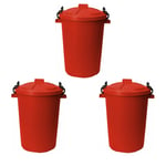 Set of 3 Plastic 50L Dustbin Heavy Duty Storage Kitchen Home Locking Lid, Red