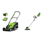 Greenworks battery-powered lawnmower G40LM35K (Li-Ion 40V 35cm cutting width up to 500m² mowing area, 2in1 mulching and mowing, 5-fold cutting height adjustment) & Battery Lawn Trimmer G40LT