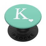 PopSockets White Initial Letter K heart Monogram on Pastel Mint Green PopSockets PopGrip: Swappable Grip for Phones & Tablets