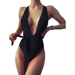 Sexig En-delad Thong-baddräkt med V-ringning, Bandage, Knytning, Öppen Rygg, Sexig Bikini - Svart, Storlek S (FMY)