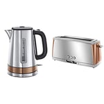 Russell Hobbs Luna Fast Boil Electric Kettle Cordless Stainless Steel with Long Slot Toaster, Long Slice or Two Slice Stainless Steel Toaster with Copper Accents