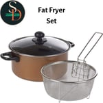 Stove Top Chip Fat Fryer Set Copper Look Frying Basket Clear Glass Lid
