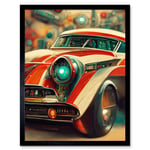 Atompunk Retro Striped Red Classic Car In Repair Shop Kids Art Print Framed Poster Wall Decor 12x16 inch