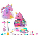 Polly Pocket 2-in-1 Playset, Rainbow Unicorn Salon Styling Head, 2 Polly Pocket Dolls, 20 Toy Accessories, Toys for Ages 4 and Up, One Polly Pocket Playset, HMX18