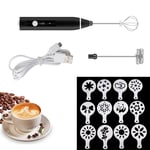 Electric Milk Frother, USB Rechargeable Electric Coffee Whisk, Handheld Egg Beater Drink Mixer Stainless Steel Powerful Milk Foam Maker (Black)