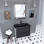 AURLANE Meuble de Salle de Bain 80x50cm Blanc - 2 tiroirs - Vasque resine Noire Effet Pierre - Miroir LED