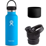 Hydro Flask Water Bottle 621 ml (21 oz), Standard Mouth with Leak Proof Flex Cap, Pacific + Silicone Flex Boot, Small, Black + Standard Mouth Insulated Sport Cap, Black