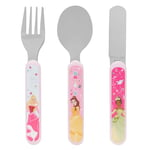 Disney Princess 3 Piece Cutlery Set – Metal, Reusable Children's Knife, Fork & Spoon, Kids-Size, Made from Food-Safe Stainless Steel & ABS Plastic – with Belle, Tiana & Aurora – for 12 Months & Up