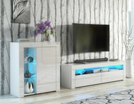 Living Room Set Glass Display Unit & TV Cabinet Blue LEDs White High Gloss Lily
