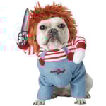 Dödsdocka-kostym för hundar, läskig Halloween-cosplay, Chucky-docka-kostym för hundar, med hatt, rolig fest, julkläder, passar stora och små hundar (M)
