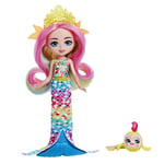 Enchantimals Royaume de l'océan mini-poupée Radia Poisson Arc-en-ciel avec jupe amovible et accessoires, et mini-figurine animale Flo, jouet enfant, HCF68