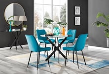 Novara 4 Seater Black Leg Round Glass Dining Table & 4 Pesaro Soft Velvet Black Leg Chairs