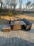 High Back Rattan Garden Furniture Sets Gas Fire Pit Dining Table  Right Corner Sofa Big Footstools 7 Seater