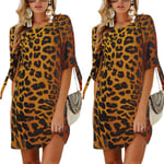 Autumn Leopard Print Bow Half Sleeve Dress Yellow S