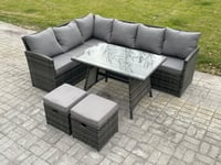 Wicker Rattan Garden Furniture Corner Sofa Set with Oblong Dining Table 2 Small Footstools 8 Seater