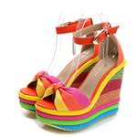 Cakunmik Ladies Espadrille Fashion Rainbow Peep Toe Mid Wedge Heel Slip Womens High Wedge Heel Platform Sandals for Summer Beach Shoes Lightweight,Orange,38