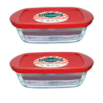 Pyrex O'Cuisine Borosilicate Glass Rectangular Dish with Plastic Lid 1.1L Red (Pack of 2)