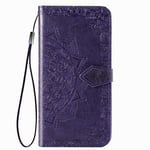 Fertuo Case for Moto G9 Play/Moto E7 Plus, Premium Leather Flip Wallet Case with [Card Slots] [Kickstand] [Hand Strap] Mandala Flower Embossed Shockproof Cover Case for Motorola G9 Play, Purple