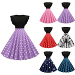 Women Vintage Polka Dot Ruffle Sleeve Dress Purple L