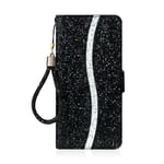 Glitter Phone Cases for Huawei P smart 2019 Wallet Handset Black Bling Shell Cover Bookstyle Full Body Protective Stand Flip Cellphone Skin Pouch With Wrist Strap Card Slots for Huawei P smart 2019