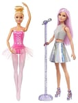 Barbie Ballerina Doll with Ballerina Outfit, Tutu, Sculpted Toe Shoes and Ballet-posed Arms for Ages 3 and Up & Pop Star Doll Dressed In Iridescent Skirt with Microphone and Pink Hair, FXN98