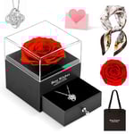 Rose Eternelle avec Collier et écharpe en Soie, Rose Stabilisée Rouge,Romantiques Cadeau pour Elle Femme Copine Maman Saint Valentin Fête Mères Anniversaire Fiançailles Marier Gratitude
