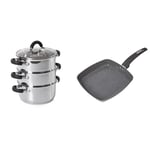 Tower T80836, 3 Tier Steamer, 18cm-Stainless Steel, Silver & T80336 Cerastone Induction Grill Pan, Non Stick Ceramic Coating, Easy to Clean, Dishwasher Safe, Graphite, 25 cm