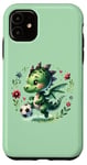 Coque pour iPhone 11 Vert, mignon dragon vert jouant au football fantaisie