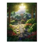Artery8 Flowers Blooming in Serene Japanese Zen Garden Acrylic Painting Steps Path Leading to Stone Lantern Bathed in Sunlight Extra Large XL Wall Art Poster Print